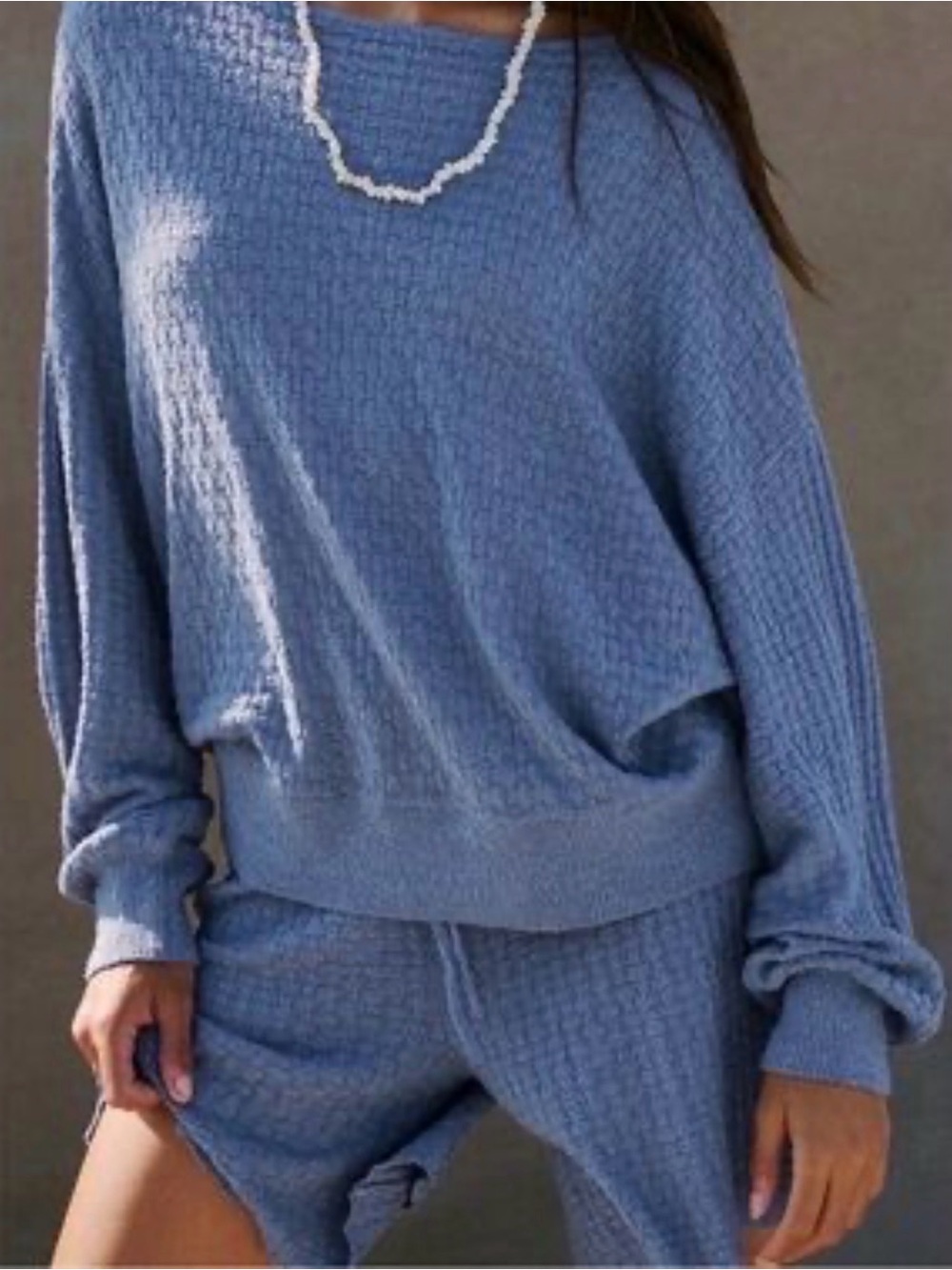 Free People Slate Blue Knit Lounge Set - Long Sleeve Top & Drawstring Shorts